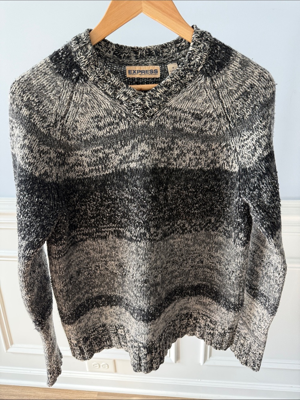 Vintage Y2K Express Lambswool Sweater Mens M Black Gray Striped V Neck Grunge